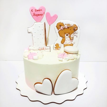 Торт на годик для девочки с мишкой